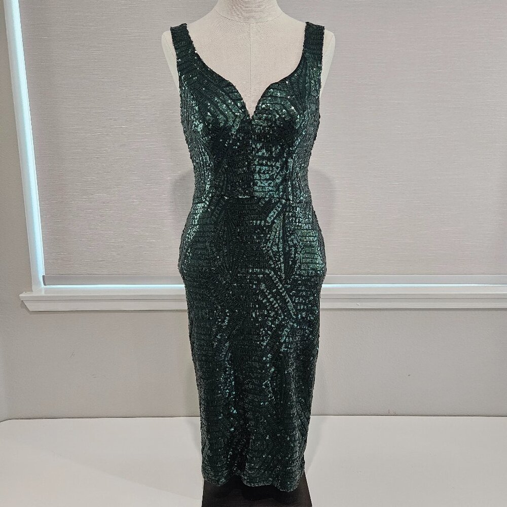Bisou Bisou Dress, Dark Green, Pinup Vixen Style, Sequins, Midi, Size 4, EUC